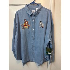 Disney Winnie the Pooh Embroidered Denim Shirt Womens 1X Light Wash Cotton NWT